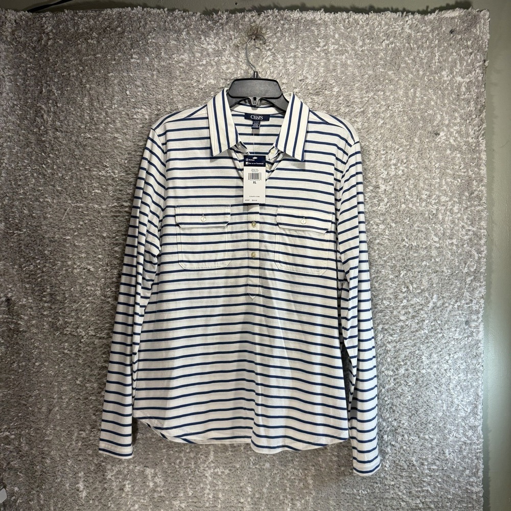 Chaps Polo Shirt Womens XL Striped Long Sleeve 1/2 Button Cotton Preppy NWT